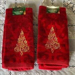 St. Nicholas Square Red and Gold Embroidered Fingertip Towels - Set of 2